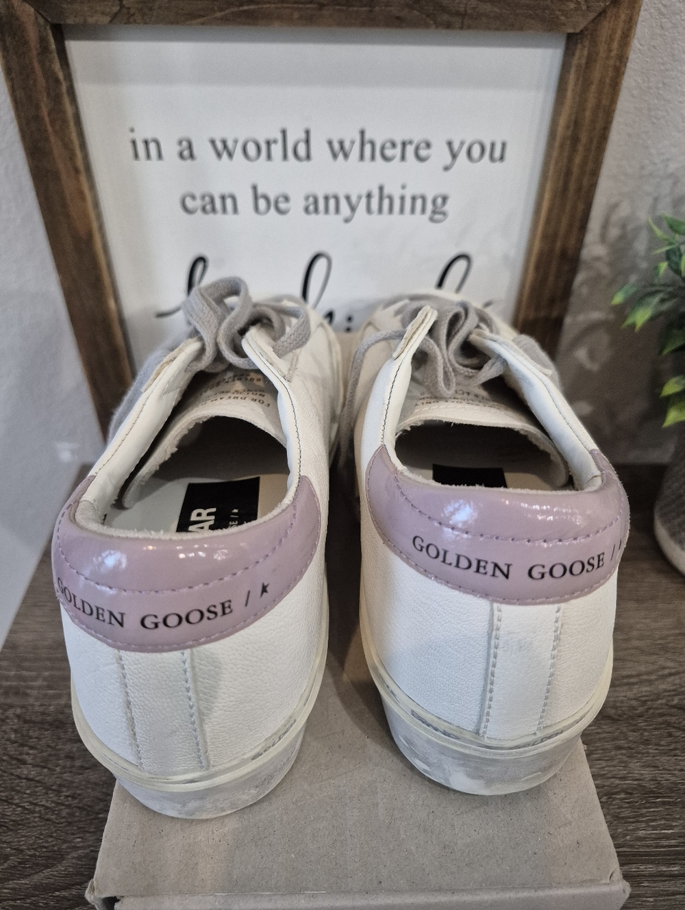 NEW Golden Goose Hi Star White Leather Sneaker with Gold Star and Pink Heel - Picture 5 of 10